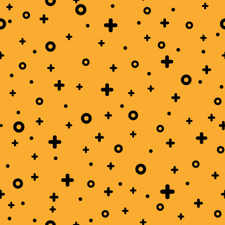 Stylish 1980s abstract memphis seamless pattern. Trendy texture with black funky shapes on orange background. Vector illustration in memphis pop art style for modern graphic or invitation templatesのイラスト素材