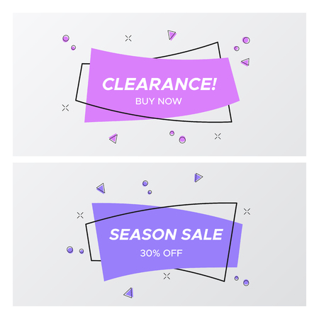 Set of flat abstract sale banner in modern style. Violet colors shop clearance label with price discount title in curved rectangle shape. Vector illustration with sale tags for store advertising.のイラスト素材