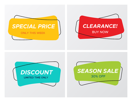 Collection of modern sale banner in creative form. Bright colors shop clearance label with market promotion title in curved round corners rectangle. Vector illustration with sale tags for store flyer.のイラスト素材