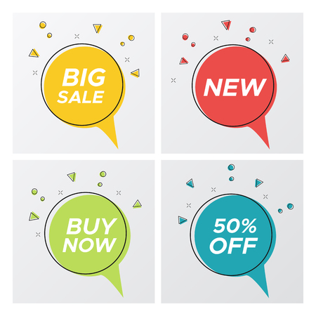 Set of flat abstract sale banner in modern style. Simple graphic round bubble shape promo sticker with color confetti burst. Vector illustration with sale tags for special deal flyer.のイラスト素材