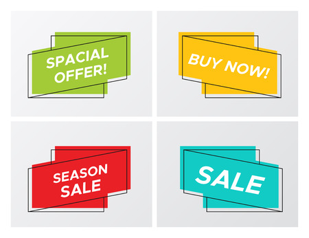 Collection of modern abstract sale banner in creative form. Simple graphic ribbon shape promo sticker with shop offer title and vivid colors. Vector illustration with sale tags for store flyer.のイラスト素材