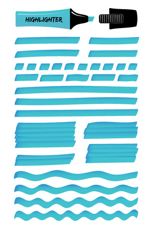 Highlighter permanent pen blue hand drawn objects set. Highlight marker solid stripes, dashed or dotted lines, wavy strokes and sketchy rectangle hand drawing. Vector illustration for text memo designのイラスト素材