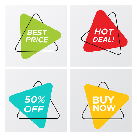 Collection of modern abstract sale banner in creative form. Minimal vintage design triangle sign template with promo offer title in bright colors. Vector illustration sale tag for online marketingのイラスト素材