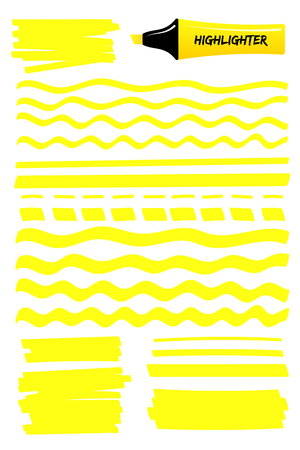 Set of highlighter brush hand drawn elements. Yellow scribbled box with wavy lines, solid stripes and sketchy dashed strokes hand drawings with highlight marker.のイラスト素材