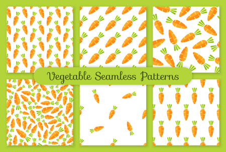 Flat vegetable seamless pattern collection. Retro style trendy background ornament set with carrot vegetables in bright orange color. Cute vector illustration for wrapping paper or restaurant menuのイラスト素材