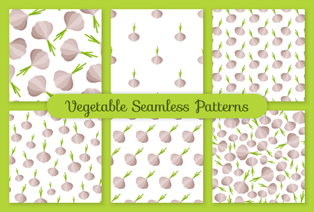 Flat vegetable seamless pattern collection. Modern fashion texture background design set with garlic vegetables in natural gray colors. Creative vector illustration for diet decor or vintage wallpaperのイラスト素材