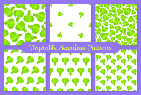 Fresh vegetable seamless pattern collection. Trendy decoration food design background set in modern green colors with broccoli vegetables. Creative vector illustration for vintage wallpaper template.のイラスト素材