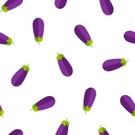 Fresh summer vegetable seamless pattern. Creative vector illustration with retro style background ornament with random ordered eggplant or aubergine vegetables in bright purple and violet colorsのイラスト素材