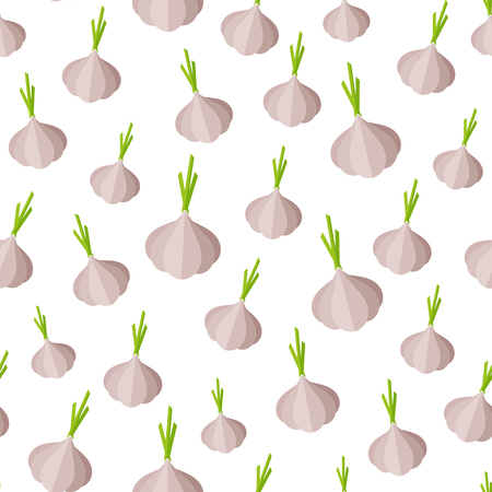 Flat vegetable seamless pattern. Trendy food design background in modern gray and white colors with random ordered garlic vegetables. Vector illustration for vegetarian menu or backdrop print templateのイラスト素材