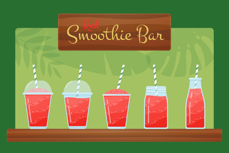 Red natural fruit smoothie vector set. Tasty flat illustration with fresh milkshake cocktails in glass, jar and bottle, with color straw on tropical leaves background for vegan diet summer graphicのイラスト素材