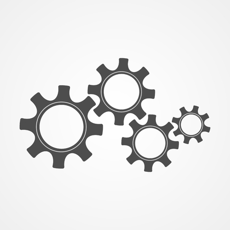 Mechanical cogs technology vector illustration. Cooperation concept engine system with black contour cog and gear signify human progress. Cogwheel graphic for modern background or sign templateのイラスト素材