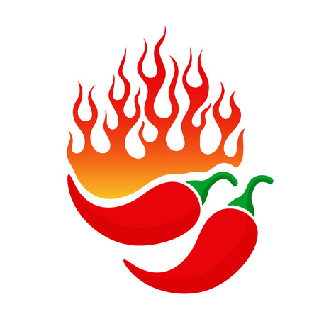 Cartoon emblem with chili pepper and blazing flames. Hot burning orange fire flame and two red chilli isolated on white background. Vector illustration for restaurant design or spicy food menuのイラスト素材
