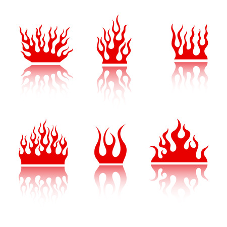 Blazing retro style fire flame set. Collection of flammable emblem template with red vintage flames isolated on white background. Vector illustration for burning tribal tattoo or danger decals signのイラスト素材