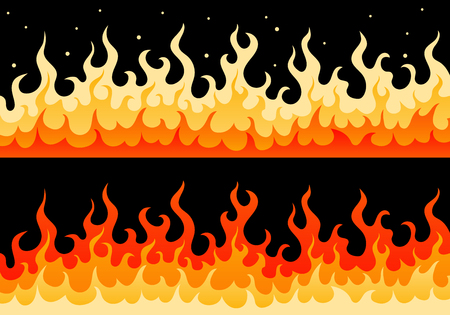 Flat vector wall of fire flame illustration. Two cartoon stylized borders with fire flame with spark and glow in different color schemes with red, yellow and orange colors for flammable safetyのイラスト素材