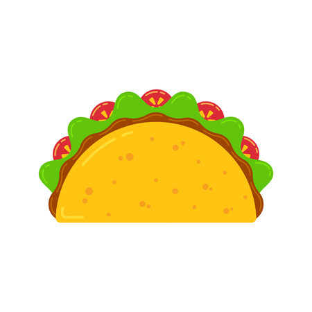 Mexican cuisine fast food delicious tacos drawing. Vector flat illustration traditional taco meal with meat sauce, beef or chicken, tomato and salad isolated on white background for cafe menu.のイラスト素材