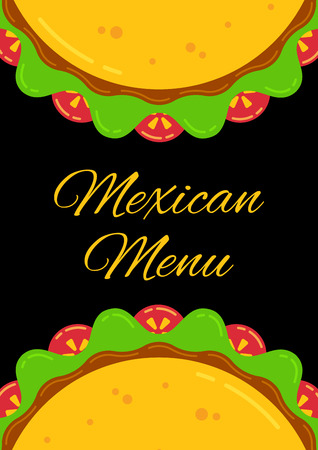 Mexican cuisine delicious taco menu template. Restaurant or cafe offer poster with two flat tacos with beaf and chicken, tomato, salad and meat sauce. Vector illustration for national taco dayのイラスト素材