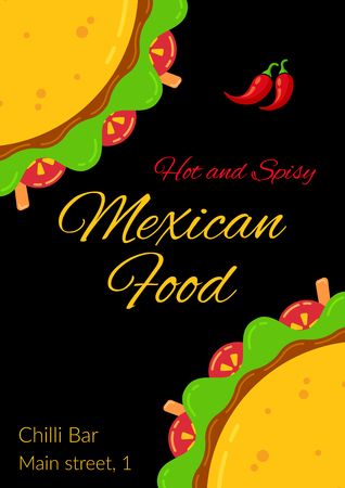 Tasty mexican taco food celebration menu template. Two delicious tacos with beef, salad, tomato, carrot sticks and meat sauce, hot and spicy chili pepper for traditional Taco Tuesday restaurant partyのイラスト素材