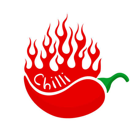 Flat vector drawing with chilli and blazing flames. Hot burning fire flame and red chili pepper isolated on white background. Vector illustration for restaurant design or spicy food menuのイラスト素材