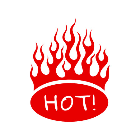 Cartoon hot food flames emblem. Vector illustration with red fire flame on oval sign HOT isolated on white background. Blazing bonfire for tribal tattoo, flammable decals or spicy restaurant menuのイラスト素材