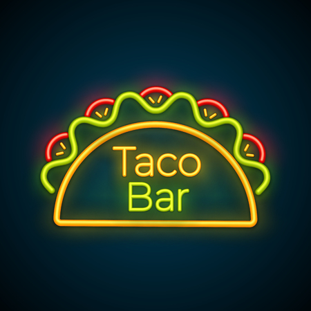 Traditional tacos meal neon glowing label illustration. Spicy vector night light taco sign with beef, green salad and red tomato with label Taco Bar for roadside neon style advertising design.のイラスト素材