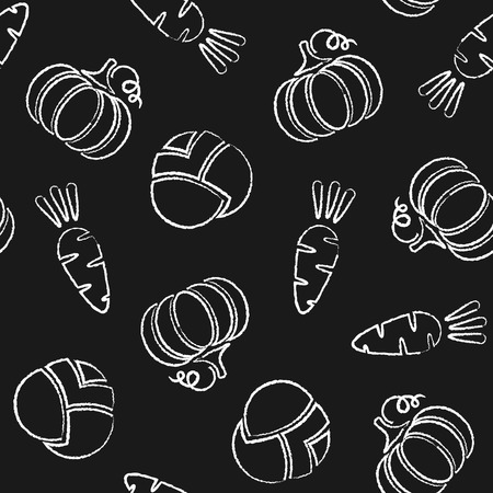 Chalk contour vegetable seamless pattern. Retro style trendy background ornament with chalk silhouette vegetables on black chalkboard. Seamless vector illustration for vintage wallpaper patternのイラスト素材