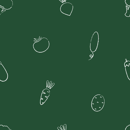 Chalk silhouette autumn vegetable seamless pattern. Retro style trendy background ornament with chalk contour vegetables on green chalkboard. Seamless vector illustration for wrapping paper patternのイラスト素材