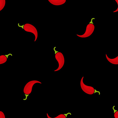 Chilli pepper seamless vegetable background vector flat illustration. Fresh food background in black and red colors with chilli vegetable seamless element for healthy diet decor or vintage wallpaperのイラスト素材