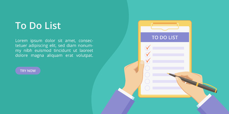 Todo list on clipboard with hands landing page concept. Website page vector concept, checklist with task to do. Online todo list service green landing template illustration with hand and clipboardのイラスト素材