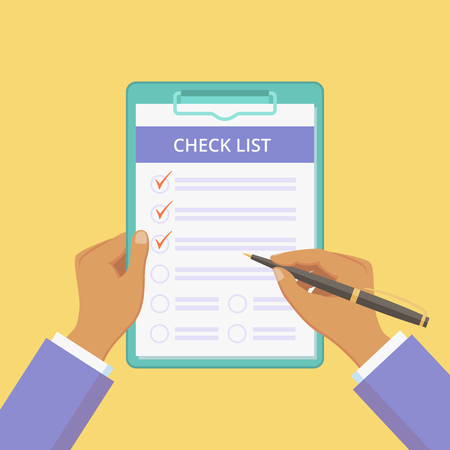 Check list on clipboard with hands vector illustration. Checklist document on board with paper clip. Flat man hands holding pen and clipboard with check list on yellow background for social mediaのイラスト素材