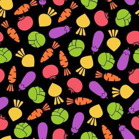 Outline seamless vegetable background vector flat illustration. Modern seamless texture black background design with tomato, eggplant, cabbage and carrot, turnip vegetable silhouette in natural colorsのイラスト素材