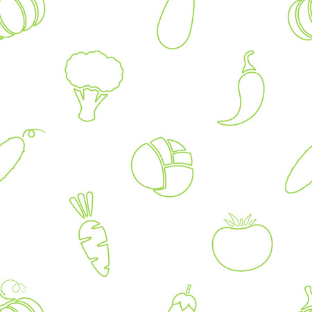 Outline vegetable seamless pattern vector flat illustration. Natural food pattern design with line vegetable seamless texture in green and white colors for organic fabric print or wallpaper template.のイラスト素材