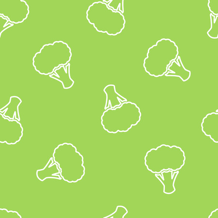Broccoli silhouette seamless vegetable pattern vector flat illustration. Fresh food pattern in white and green colors with outline broccoli vegetable seamless element for fabric print or wallpaperの写真素材