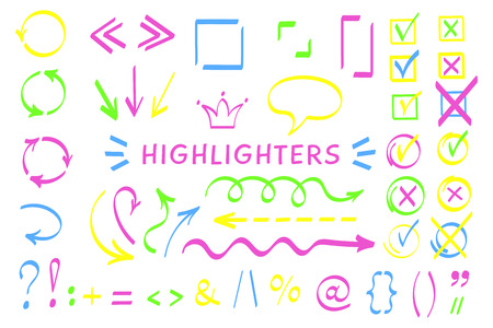 Sketchy symbol highlight pen set vector illustration. Collection of arrows, checkboxes and highlight decorative elements in neon color with felt pen style symbols for hand drawn office planning designのイラスト素材