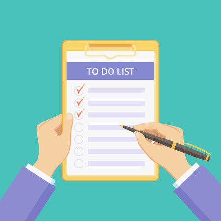 Todo list on clipboard with hands vector illustration. Checklist document with task to do on board with paper clip. Flat man hands holding pen and clipboard with todo list on green background.のイラスト素材