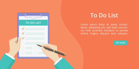 Hands with clipboard todo list landing page template. Vector concept flat man hands holding task to do on board with paper clip. Landing red illustration template with hand, clipboard and todo listのイラスト素材