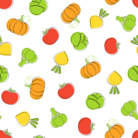 Harvest vegetable seamless pattern vector flat illustration. Natural colors food pattern design with pumpkin, tomato and broccoli, cabbage and turnip vegetable seamless texture for healthy diet decorのイラスト素材