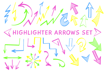 Sketch arrow highlight marker set vector illustration. Group of neon colors arrows and pointers, felt marker style symbols for hand drawn diagrams, mind maps and planning highlight drawingsのイラスト素材