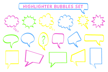 Speech cloud highlight pen set vector illustration. Sketchy rectangle and round highlight message bubbles in neon colors collection with felt pen style signs for dialog scribble or communication iconのイラスト素材