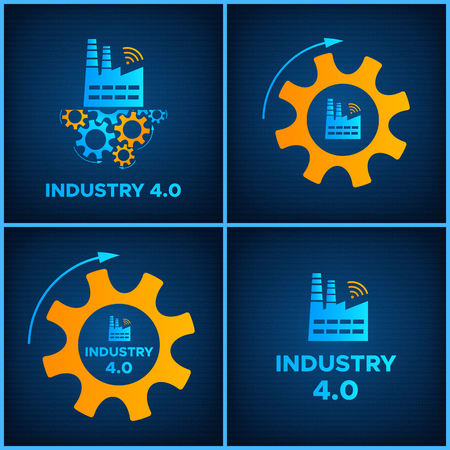 Factory and gear industry 4.0 concept set vector illustration. Manufacturing digital technology background design collection with blue factory icon, orange gear mechanism and sign INDUSTRY 4.0のイラスト素材