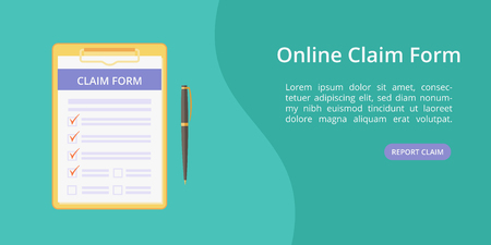 Claim form on clipboard with pen landing page concept. Website page vector template, check list on board with clip. Online claim form service landing concept green illustration with pen and clipboardのイラスト素材