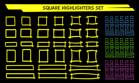 Yellow highlight marker square frame set vector illustration. Group of hand drawn rectangle marker borders in neon colors. Bright highlight marks for office presentation or social media designのイラスト素材
