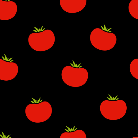 Tomato seamless vegetable pattern vector flat illustration. Natural food pattern design with red tomato vegetable seamless texture on black color for wrapping paper or autumn celebration card.のイラスト素材