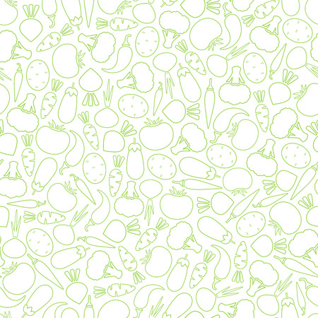 Line silhouette seamless vegetable pattern vector flat illustration. Modern seamless texture food pattern design with autumn line vegetable in green and white colors for diet decor, vintage wallpaperのイラスト素材