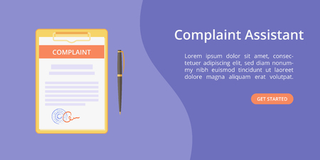Complaint form assistant on clipboard web template concept Online customer complaint service landing concept with clipboard, signed form and pen on violet background. Vector web illustration templateのイラスト素材