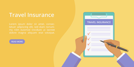 Travel insurance policy on clipboard with hands landing page concept. Online service for trip insurance quotes yellow web page with flat man hands, filing travel policy check list form on clipboardのイラスト素材