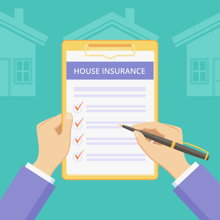 House insurance policy on clipboard with hands vector illustration. Mortgage protect plan concept with house policy survey on clipboard, flat man hands filling insurance on green backgroundのイラスト素材