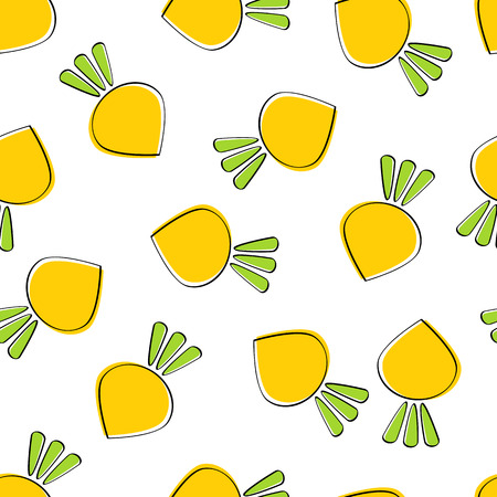 Turnip vegetable seamless background vector flat illustration. Fresh food background in yellow colors with turnip vegetable seamless element for wrapping paper, restaurant wallpaper, celebration card.のイラスト素材