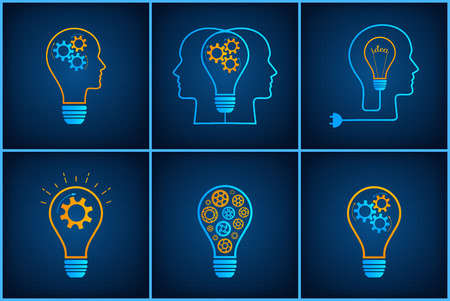 Gear lightbulb creative teamwork concept set vector illustration. Orange bulb silhouette with blue cogwheel inside innovation ideas graphic collection. technology background creative business conceptのイラスト素材