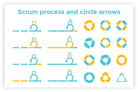 Scrum info graphic diagram element vector set illustration. Agile diagram, recycle symbol and circle chart element collection. Group of blue and orange symbols for scrum methodology info graphicのイラスト素材