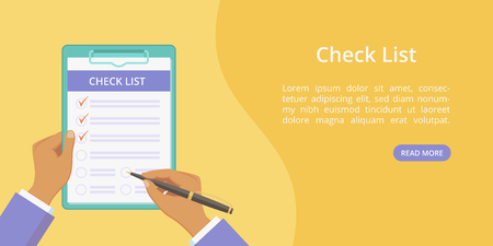 Hands with clipboard check list web page template. Vector landing concept flat man hand holding checklist on board with paper clip. Yellow web illustration template with hand, clipboard and check listのイラスト素材